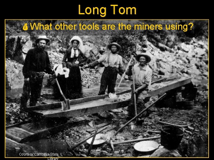 Long Tom What other tools are the miners using? Courtesy California State Library 