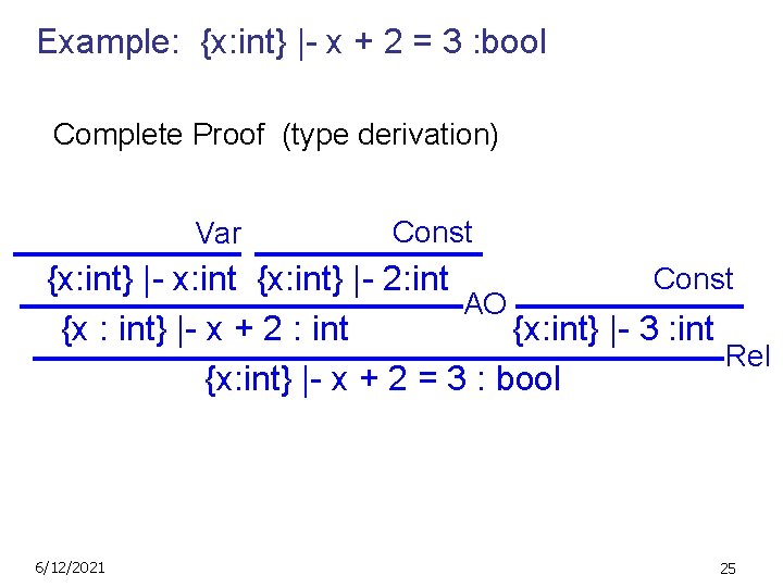 Example: {x: int} |- x + 2 = 3 : bool Complete Proof (type