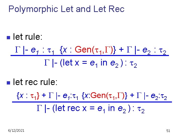 Polymorphic Let and Let Rec n n let rule: |- e 1 : 1