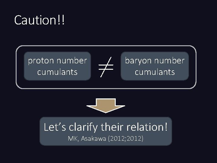 Caution!! proton number cumulants baryon number cumulants Let’s clarify their relation! MK, Asakawa (2012;