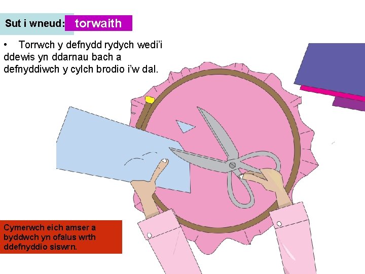 Sut i wneud: torwaith • Torrwch y defnydd rydych wedi’i ddewis yn ddarnau bach