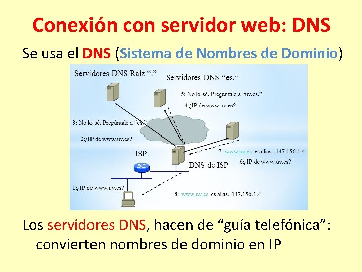 Conexión con servidor web: DNS Se usa el DNS (Sistema de Nombres de Dominio)