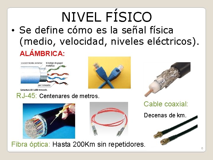 NIVEL FÍSICO • Se define cómo es la señal física (medio, velocidad, niveles eléctricos).