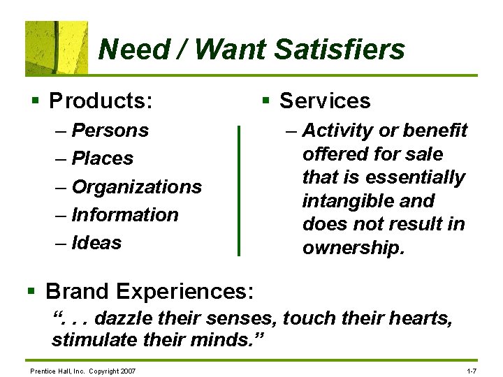 Need / Want Satisfiers § Products: – Persons – Places – Organizations – Information