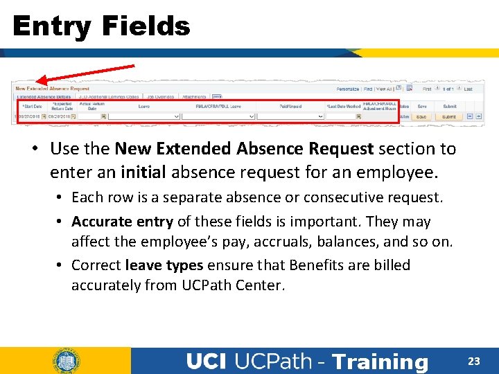 Entry Fields • Use the New Extended Absence Request section to enter an initial