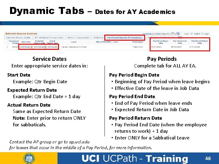 Dynamic Tabs – Dates for AY Academics Service Dates Enter appropriate service dates in: