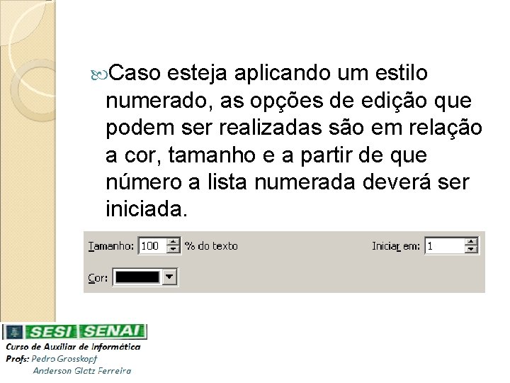  Caso esteja aplicando um estilo numerado, as opções de edição que podem ser