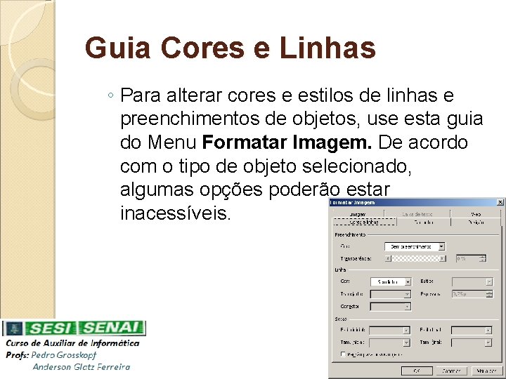 Guia Cores e Linhas ◦ Para alterar cores e estilos de linhas e preenchimentos