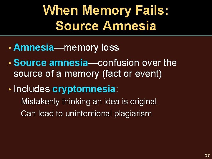 When Memory Fails: Source Amnesia • Amnesia—memory loss • Source amnesia—confusion over the source