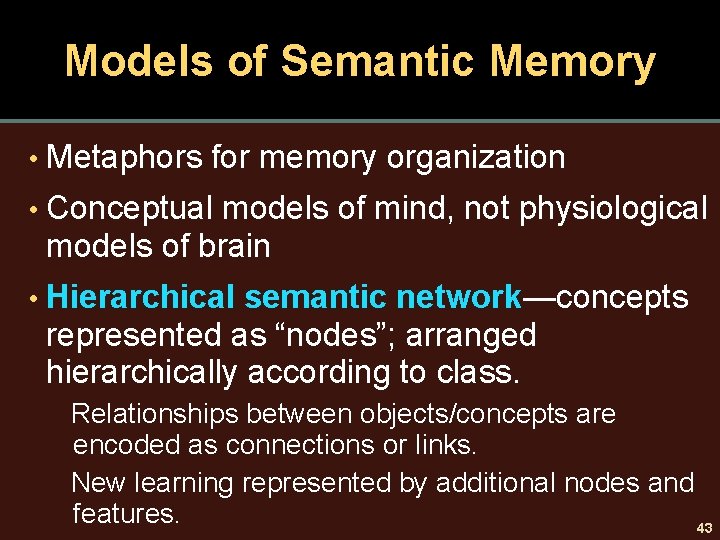 Models of Semantic Memory • Metaphors for memory organization • Conceptual models of mind,