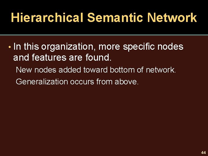 Hierarchical Semantic Network • In this organization, more specific nodes and features are found.