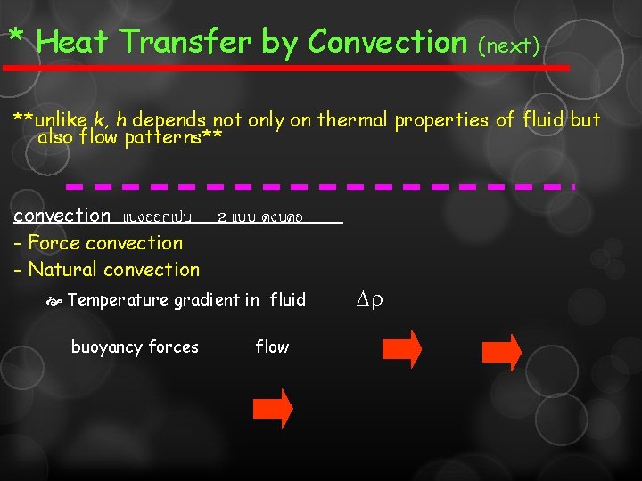 * Heat Transfer by Convection (next) **unlike k, h depends not only on thermal