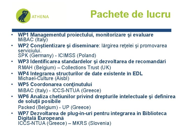 Pachete de lucru • WP 1 Managementul proiectului, monitorizare şi evaluare Mi. BAC (Italy)