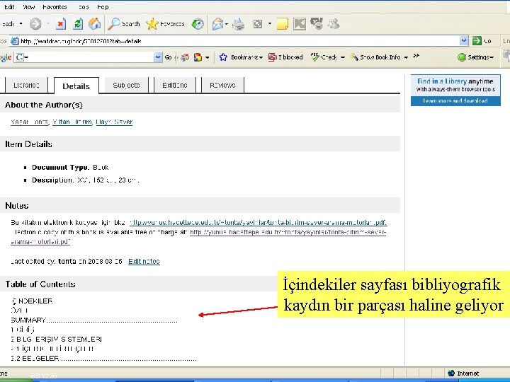 İçindekiler sayfası bibliyografik kaydın bir parçası haline geliyor BBY 220 SLAYT 14 