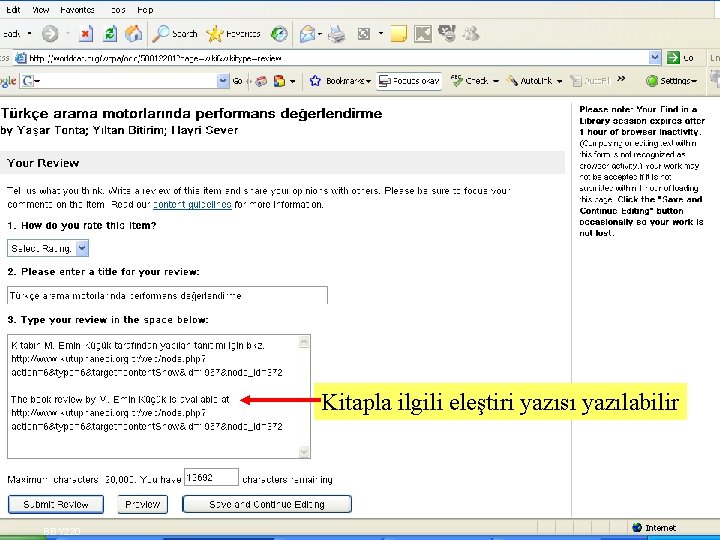 Kitapla ilgili eleştiri yazısı yazılabilir BBY 220 SLAYT 20 