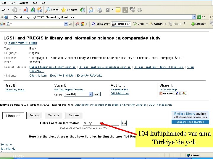 104 kütüphanede var ama Türkiye’de yok BBY 220 SLAYT 24 
