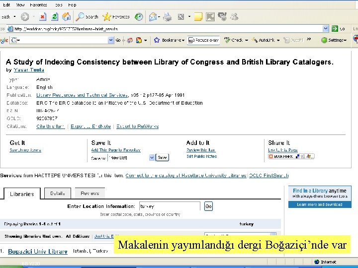 Makalenin yayımlandığı dergi Boğaziçi’nde var BBY 220 SLAYT 27 