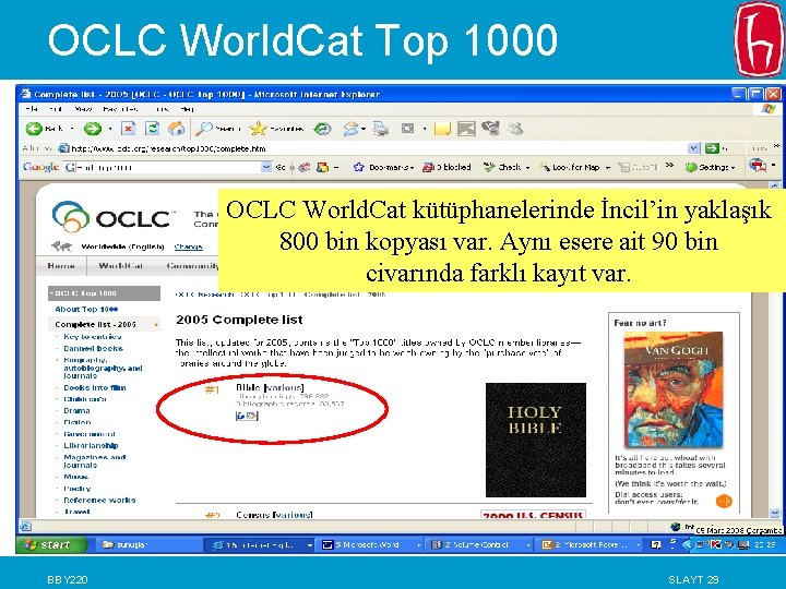 OCLC World. Cat Top 1000 OCLC World. Cat kütüphanelerinde İncil’in yaklaşık 800 bin kopyası