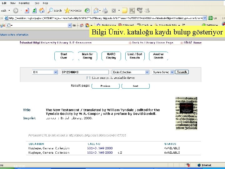 Bilgi Üniv. kataloğu kaydı bulup gösteriyor BBY 220 SLAYT 39 
