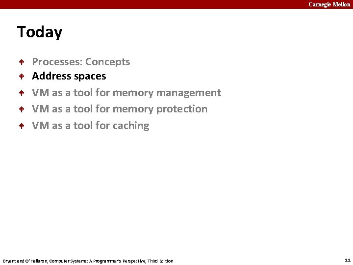 Carnegie Mellon Today Processes: Concepts Address spaces VM as a tool for memory management