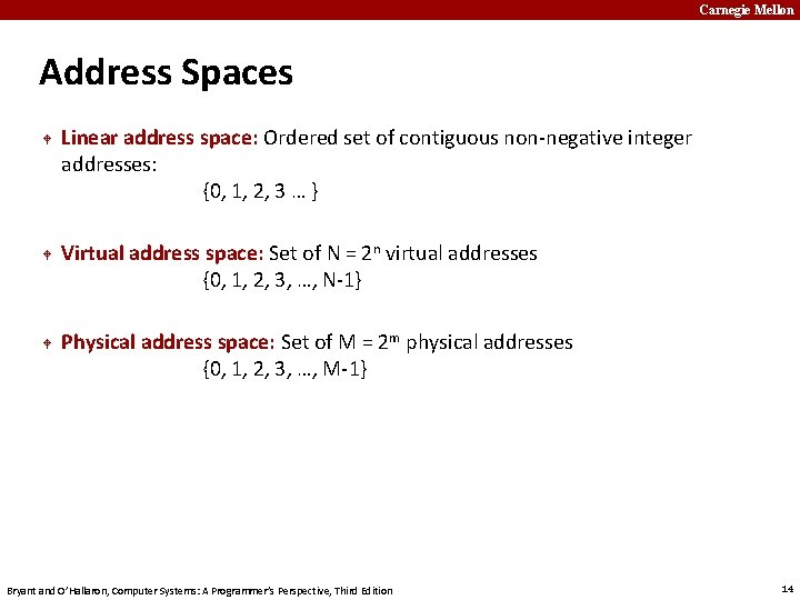 Carnegie Mellon Address Spaces Linear address space: Ordered set of contiguous non-negative integer addresses: