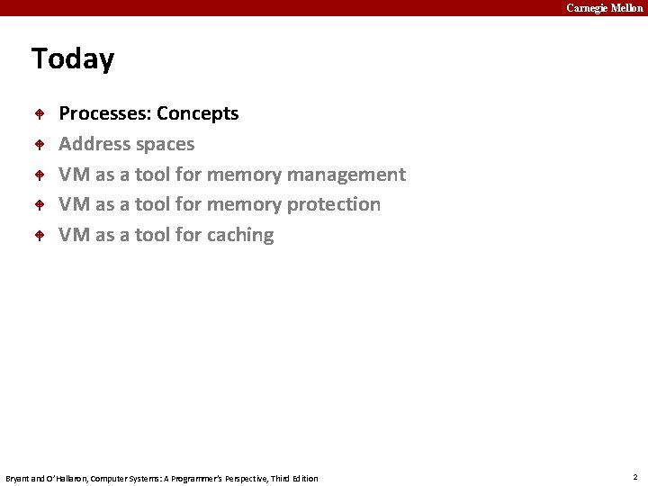 Carnegie Mellon Today Processes: Concepts Address spaces VM as a tool for memory management