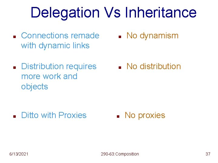 Delegation Vs Inheritance n n n Connections remade with dynamic links Distribution requires more