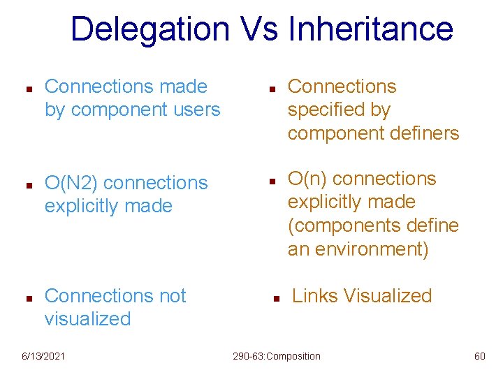 Delegation Vs Inheritance n n n Connections made by component users O(N 2) connections