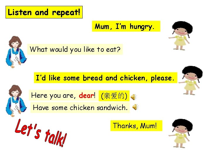 Listen and repeat! Mum, I’m hungry. What would you like to eat? I’d like