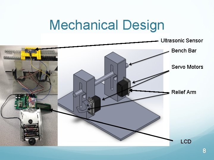 Mechanical Design Ultrasonic Sensor Bench Bar Servo Motors Relief Arm LCD 8 