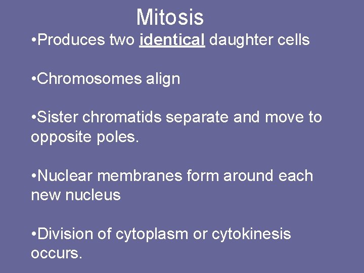 Mitosis • Produces two identical daughter cells • Chromosomes align • Sister chromatids separate