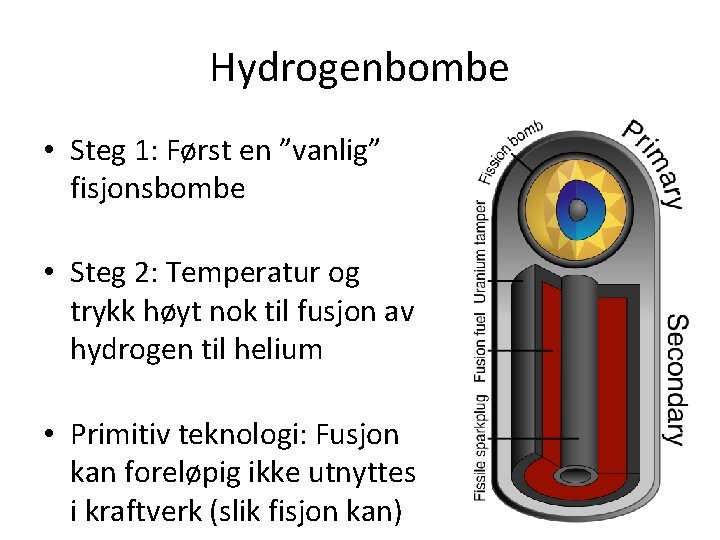 Hydrogenbombe • Steg 1: Først en ”vanlig” fisjonsbombe • Steg 2: Temperatur og trykk