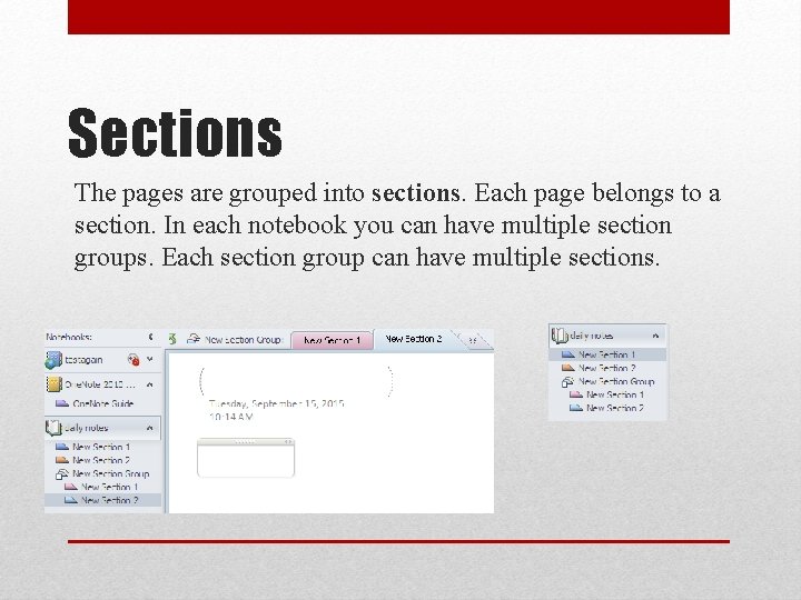 Sections The pages are grouped into sections. Each page belongs to a section. In