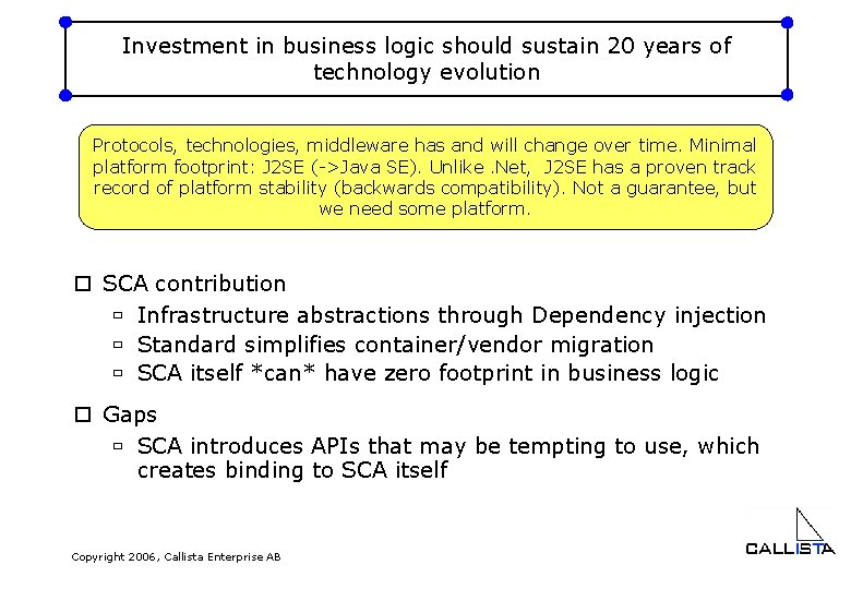 Investment in business logic should sustain 20 years of technology evolution Protocols, technologies, middleware