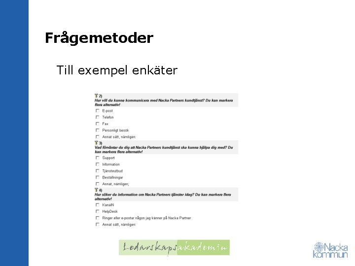 Frågemetoder Till exempel enkäter 