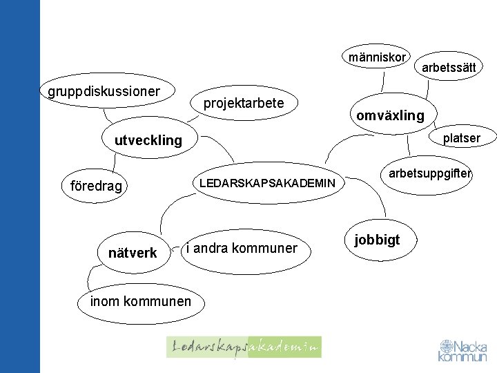 människor gruppdiskussioner projektarbete omväxling platser utveckling LEDARSKAPSAKADEMIN föredrag nätverk arbetssätt i andra kommuner inom