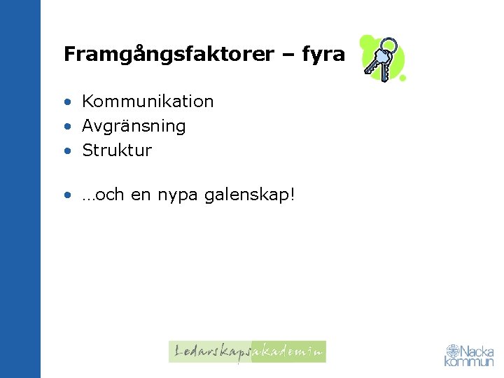 Framgångsfaktorer – fyra • Kommunikation • Avgränsning • Struktur • …och en nypa galenskap!