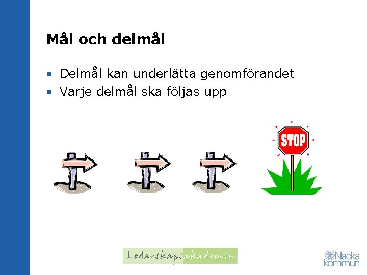 Mål och delmål • Delmål kan underlätta genomförandet • Varje delmål ska följas upp