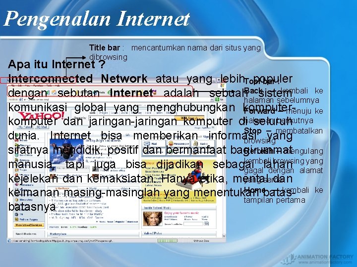 Pengenalan Internet Title bar : mencantumkan nama dari situs yang dibrowsing Apa itu Internet