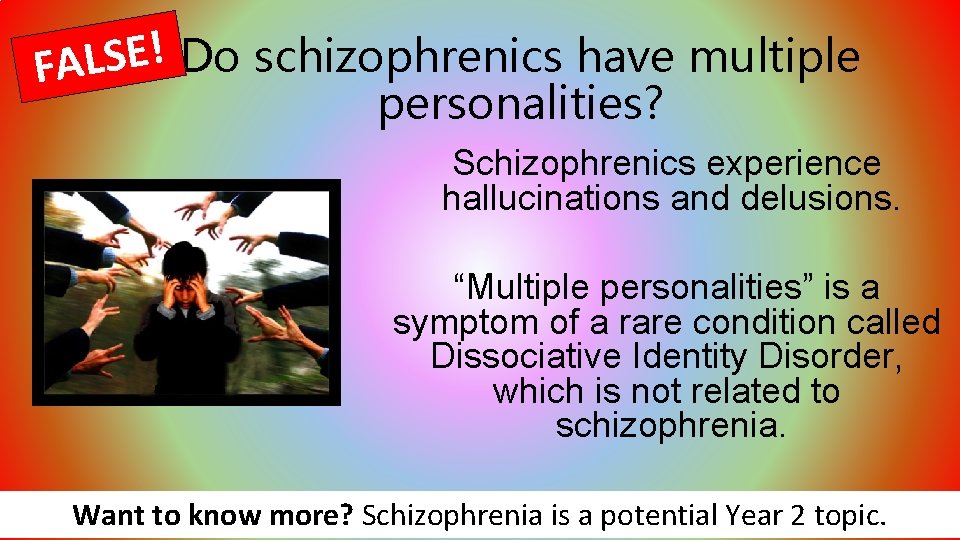 ! E Do schizophrenics have multiple S L FA personalities? Schizophrenics experience hallucinations and