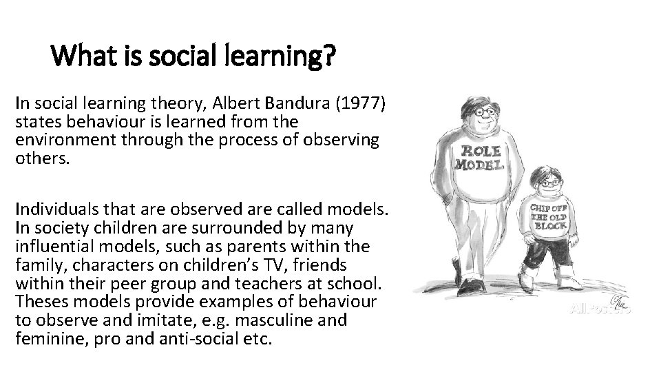 What is social learning? In social learning theory, Albert Bandura (1977) states behaviour is