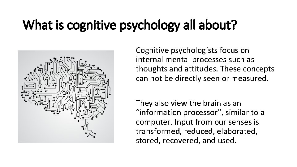 What is cognitive psychology all about? Cognitive psychologists focus on internal mental processes such