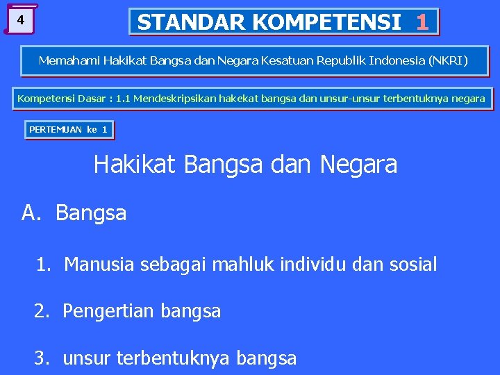 STANDAR KOMPETENSI 1 4 Memahami Hakikat Bangsa dan Negara Kesatuan Republik Indonesia (NKRI) Kompetensi