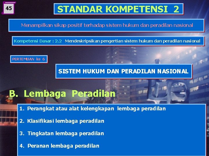 STANDAR KOMPETENSI 2 45 Menampilkan sikap positif terhadap sistem hukum dan peradilan nasional Kompetensi