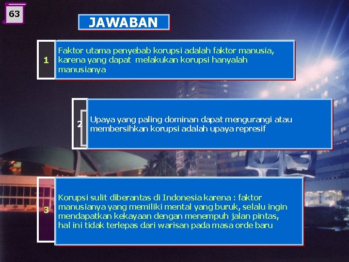 63 JAWABAN 1 Faktor utama penyebab korupsi adalah faktor manusia, karena yang dapat melakukan