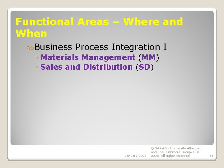 Functional Areas – Where and When Business Process Integration ◦ Materials Management (MM) ◦