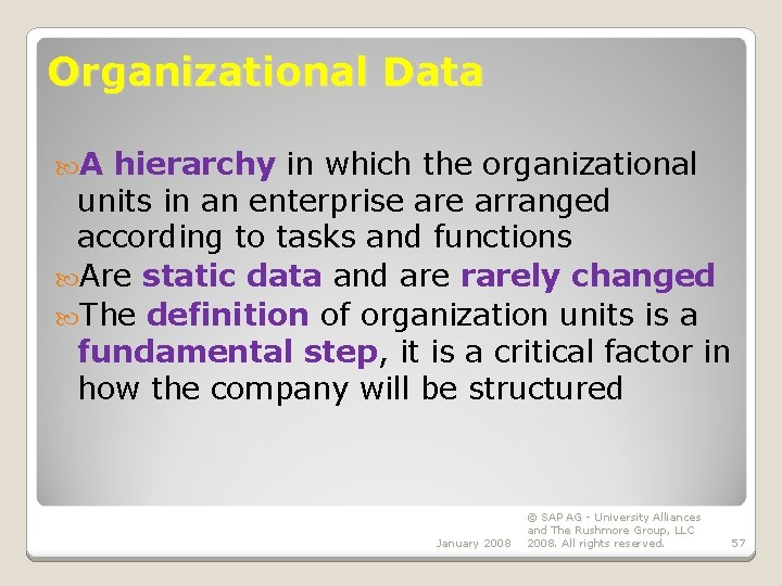 Organizational Data A hierarchy in which the organizational units in an enterprise arranged according