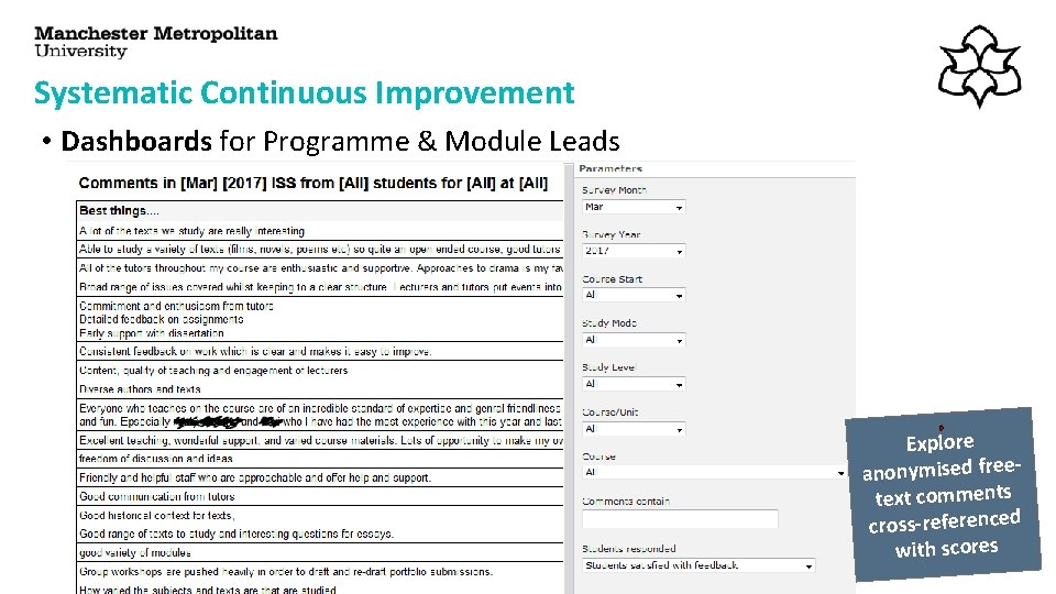 Systematic Continuous Improvement • Dashboards for Programme & Module Leads Explore anonymised freetext comments