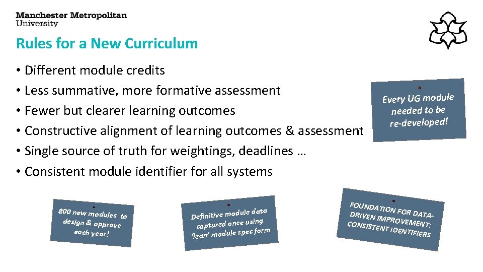 Rules for a New Curriculum • Different module credits • Less summative, more formative
