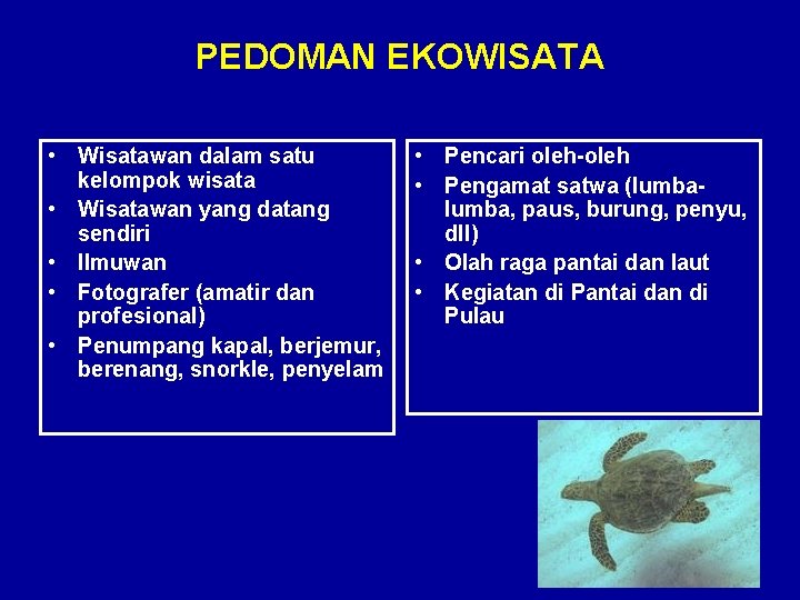 PEDOMAN EKOWISATA • Wisatawan dalam satu kelompok wisata • Wisatawan yang datang sendiri •